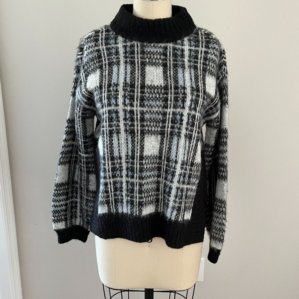 Nine West Women Mock Neck Blue Black Plaid Boxy Sweater Preppy Chic Cabincore S